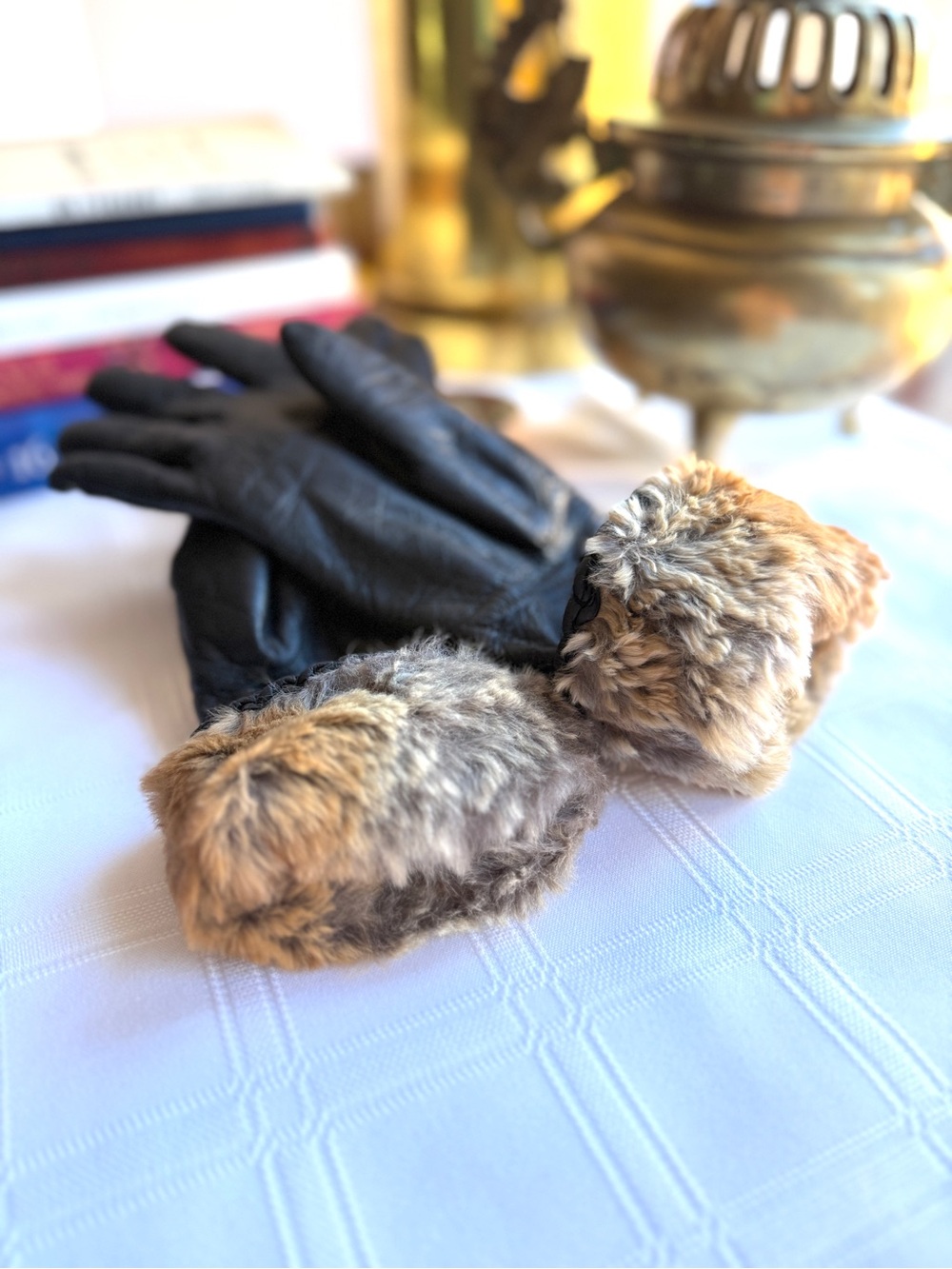 VTG 60s Made in Italy Lazarus Fully Fur Lined Black Leather Gloves | Sz 7.5